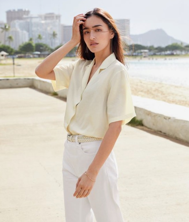uniqlo linen blend open collar shirt