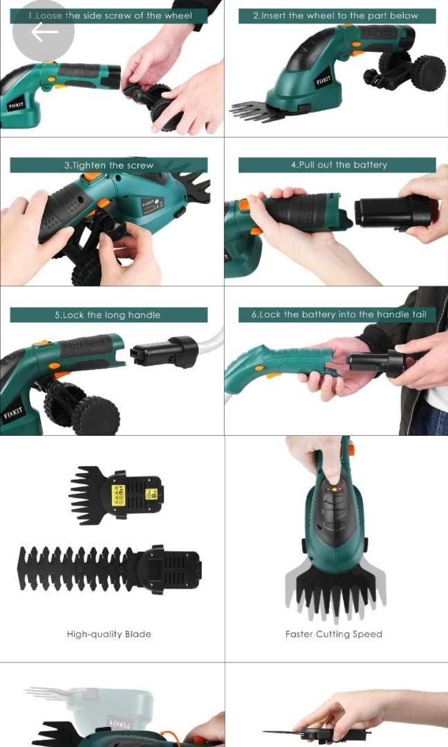 W005 FIXKIT 7.2V 2 in 1 Cordless Grass and Hedge Trimmer 2 Interchangeable Blades Battery Powered Lightweight Electric Trimmer Telescopic Handle