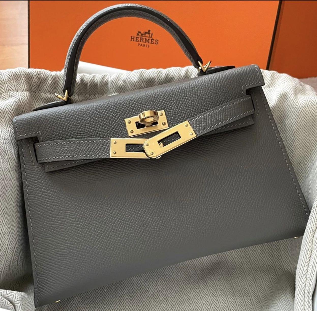 Hermes Mini Kelly Gris Meyer Epsom Leather, Gold Hardware, New In Box GA003