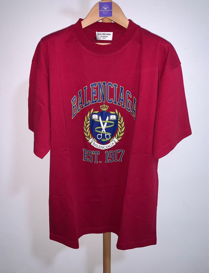 Balenciaga College Crest Logo Red Tee, Men's Fashion, Tops & Sets