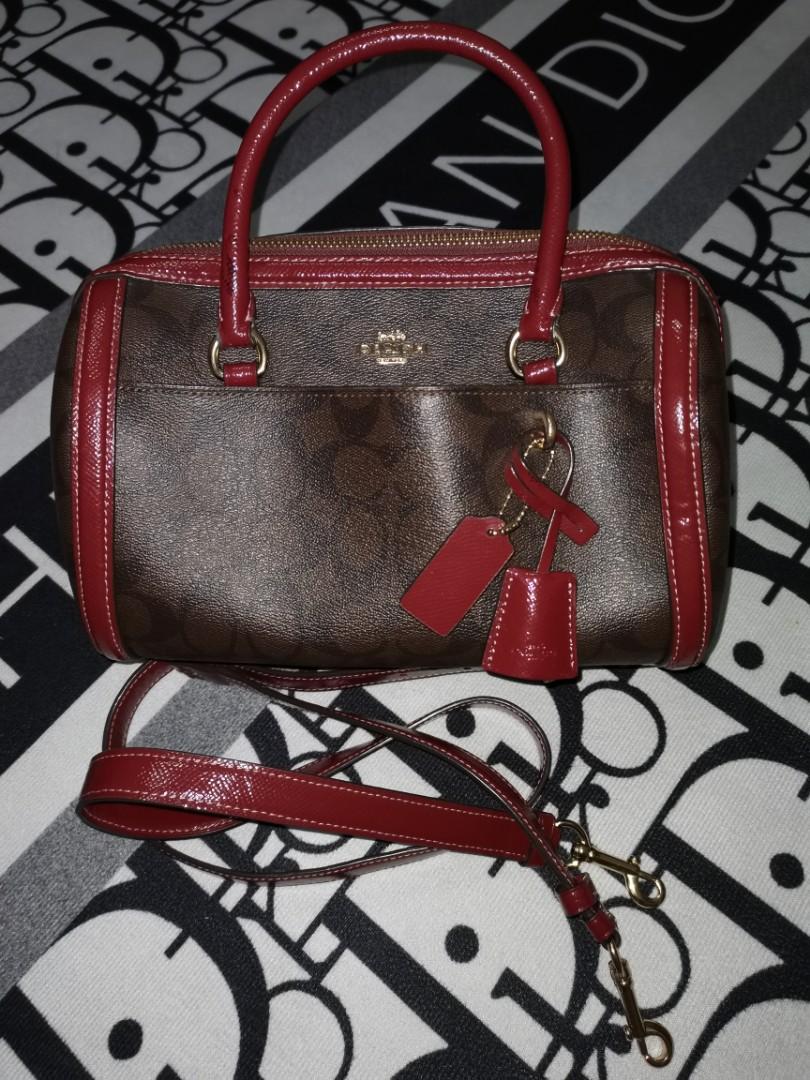 Coach Zoe Barrel Satchel in Signature Canvas Brown/Wine, Luxury, Bags