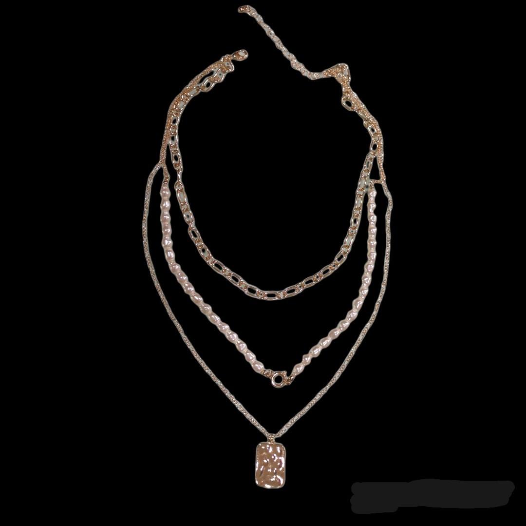 H M Multi Layered Pearl Gold Chain Necklace Women s Fashion