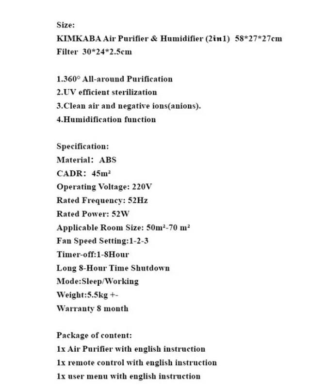 kimkaba Air Purifier & Humidifier 2 in 1, TV & Home Appliances, Air