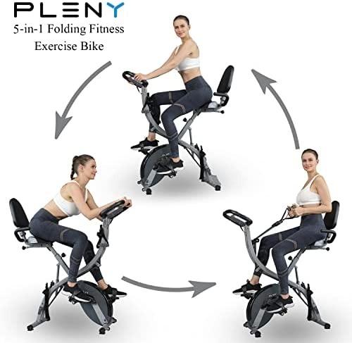 PLENY Foldable Exercise Stationary Bike Workout 5 In 1 Folding Indoor Cycling Exercise Bike Magnetic Upright Workout Bike with Arm Exercise