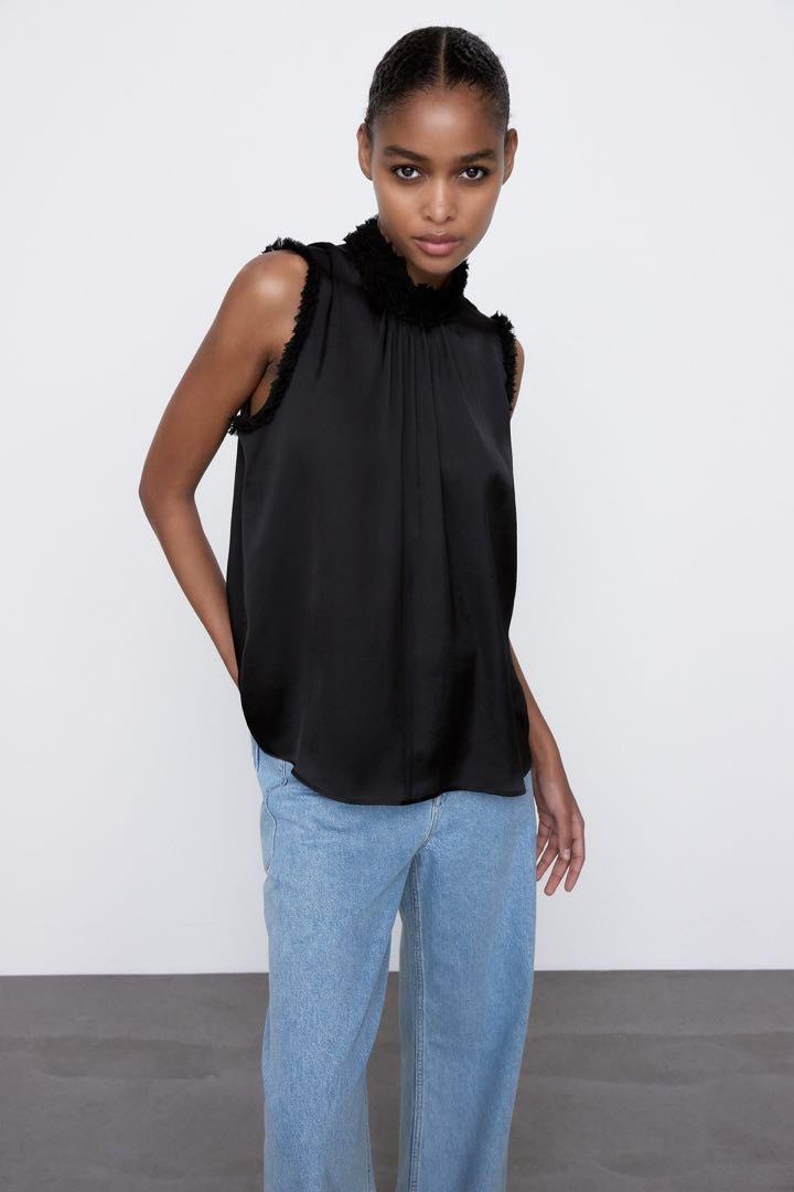BNWT Zara Contrast Satin Top Black XS, Women's Fashion, Tops, Sleeveless on  Carousell