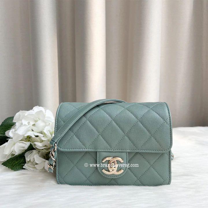 Chanel 22C Mini Square Like A Wallet Flap Bag in Sage Green Caviar LGHW