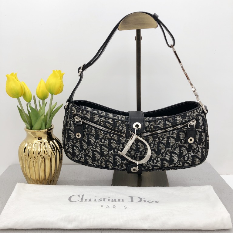 CHRISTIAN DIOR Vintage Black Trotter Canvas Shoulder Bag SHW