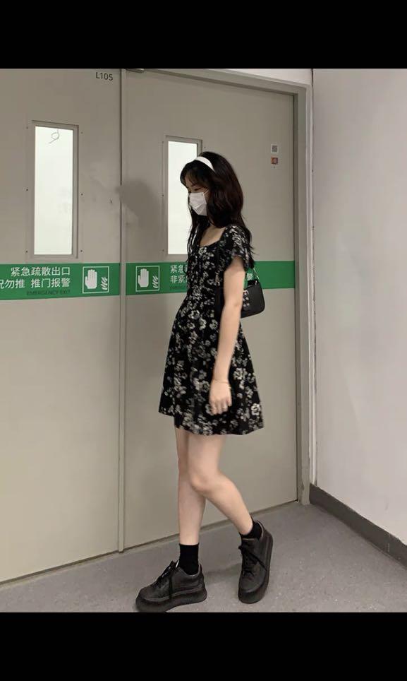Floral Dress Black Korean cute mini short, Women's Fashion, Dresses & Sets,  Dresses on Carousell