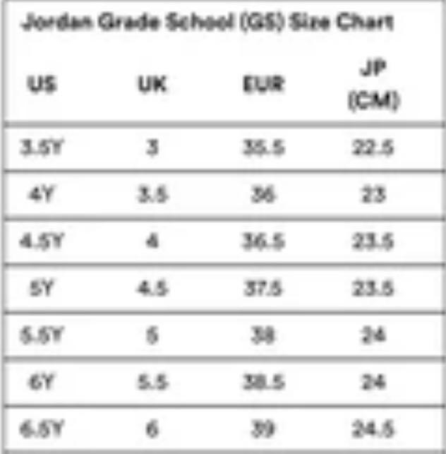 Jordan grade school on sale size chart