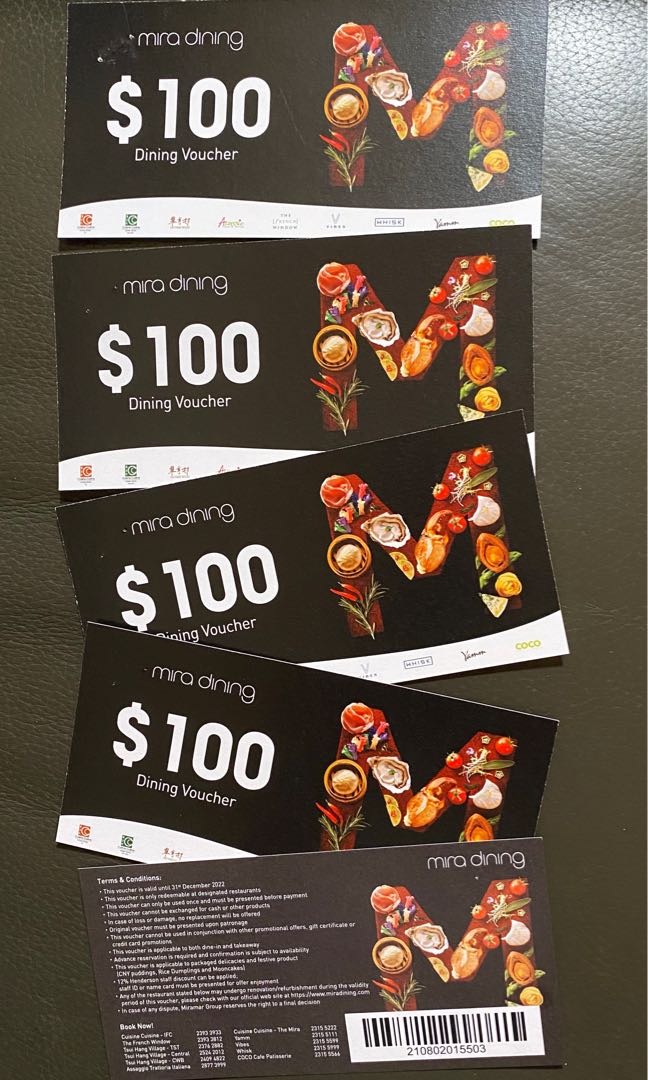 Mira dining voucher 100 x5 expiry date12/2022, 門票＆禮券, 兌換券 Carousell