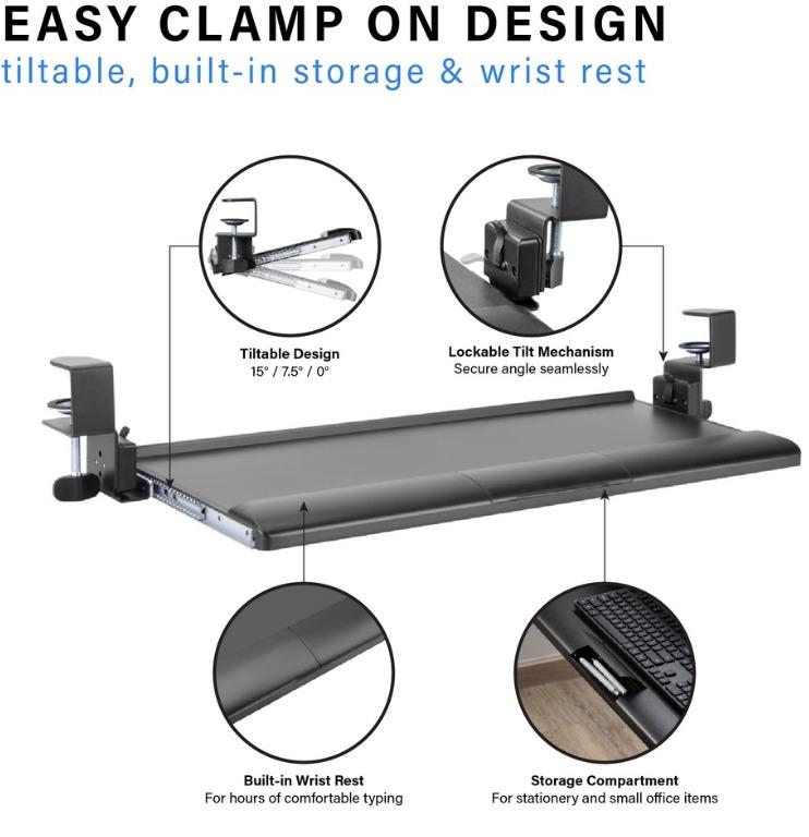 ULTi Clamp-on Keyboard Tray for Standing Desk, Under Desk Pull Out ...