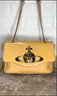 Vivienne Westwood Rare y2k Vintage Patent Leather Gold Metal Orb Plaque Chain Two Way Bag Sling Bag and Shoulder Bag 
