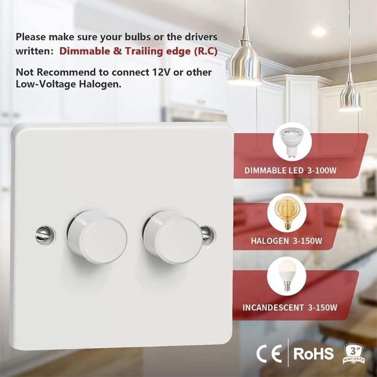 ( I4 ) iolloi LED Dimmer Switch 2 Gang, Push On/Off Rotary Trailing