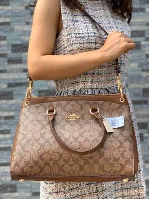 Coach F76643 Mia Satchel in Brown Signature Coated Canvas Monogram