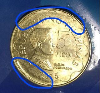 BSP 5 peso error coin year 2015 oberse & reverse error, with extra fine conditon.