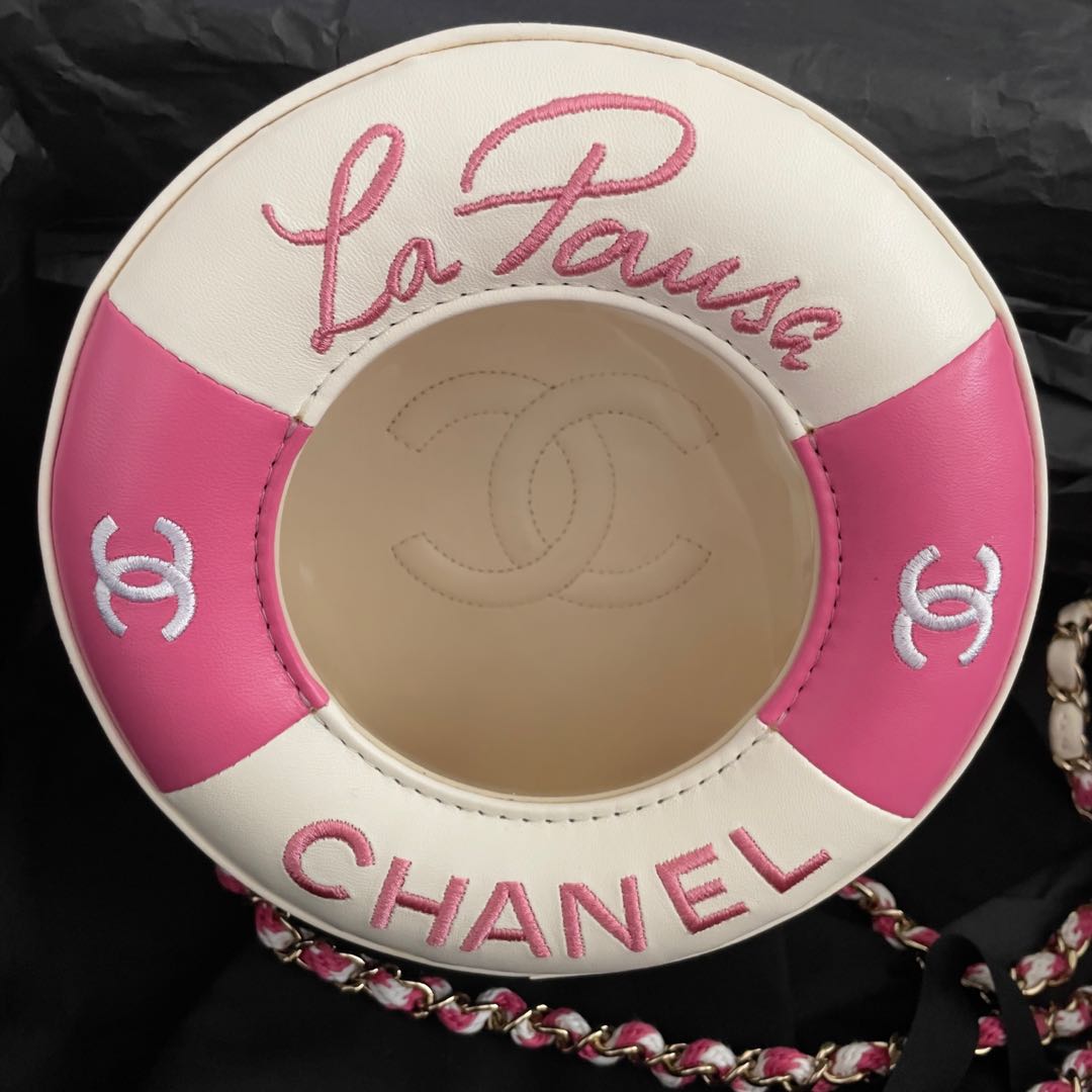 Chanel Pink/White Lambskin Leather Coco Lifesaver Small Round Bag