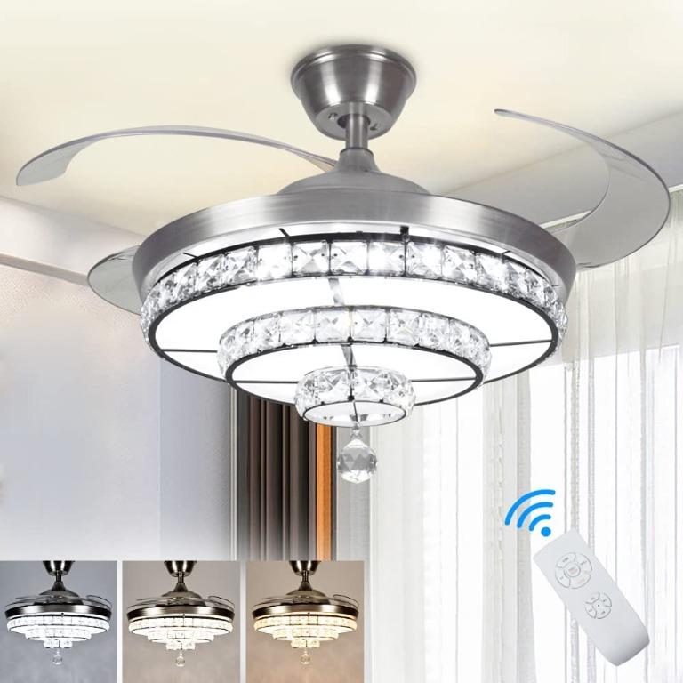 Dllt Crystal Ceiling Fan With Light 36w Modern Remote 3 Blade Retractable Led Chandelier Outdoor Indoor For Living Room Bedroom Dining Color Changeable 3000k 6000k Nickel Furniture Home Lighting