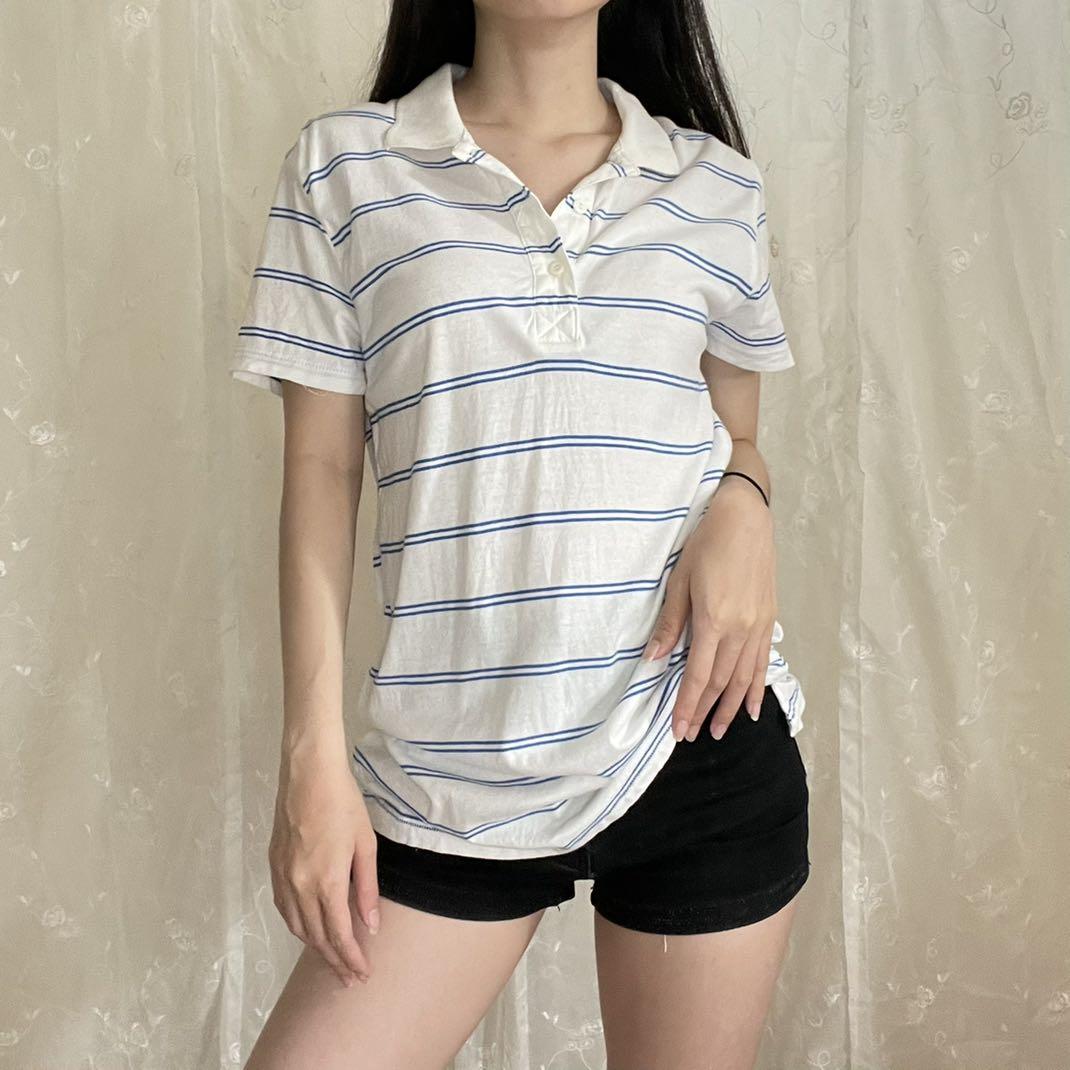 H&M LOGG White Blue Stripes Top Polo Shirt Blouse Tee T-shirt Stripe Atasan  Kaos Kerah Katun Stretch Warna Putih Garis Biru Thrift