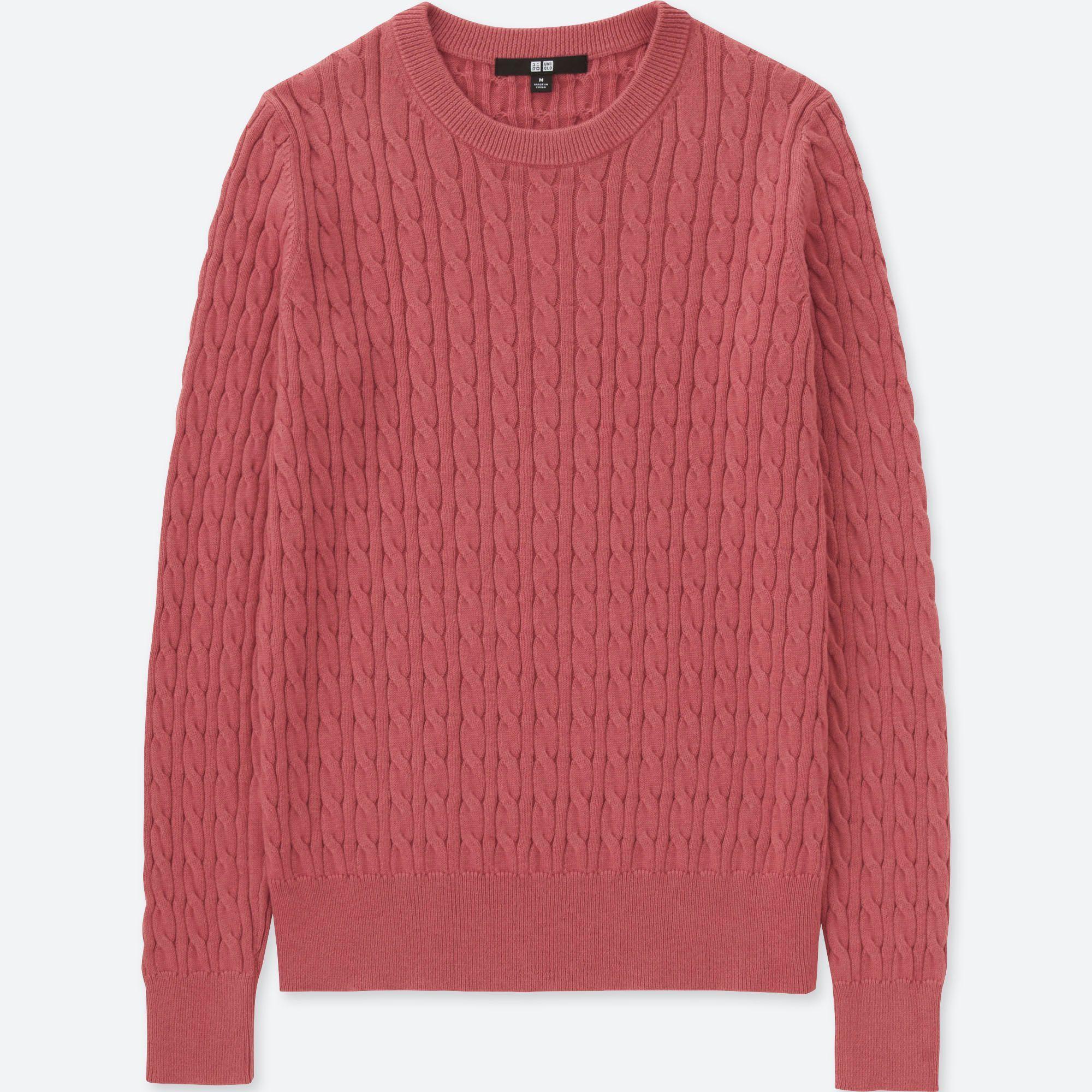 Uniqlo WOMEN Cotton Cashmere Cable Knit Crew Neck Sweater Peach