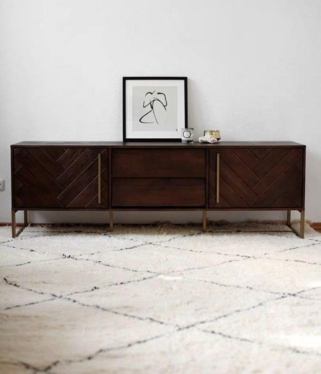 ZOE Herringbone Acacia Wood TV Console, Furniture & Home Living