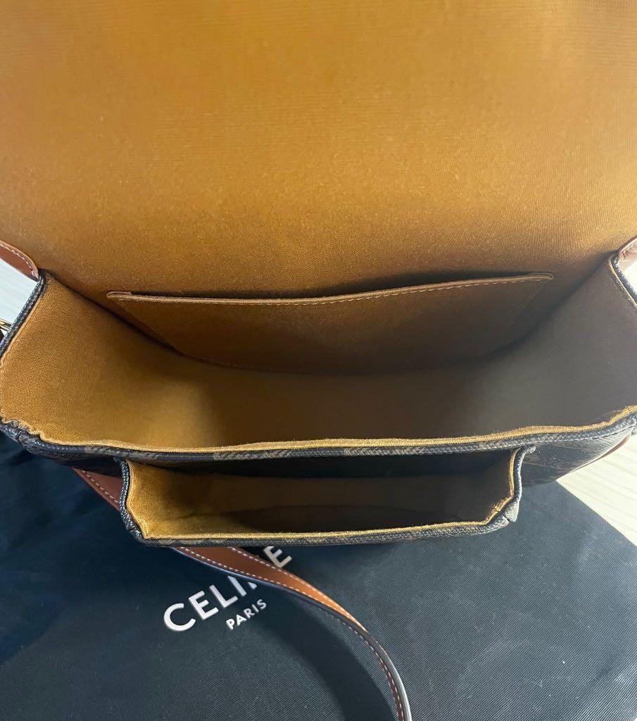 Celine MEDIUM FOLCO BAG IN TRIOMPHE CANVAS AND CALFSKIN TAN, 名牌, 手袋及銀包