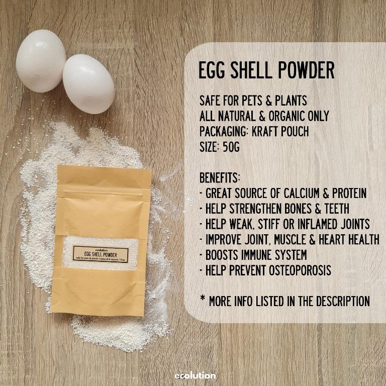Egg Shell Powder (Category: Homes & Other Pet Accessories) located in Manila. Submitted by ecolutionph (Listing ID 1160670102, Image 2). Description: - Supplement for pets (dogs, cats, etc) & plants - All natural and organic only - No chemicals, additives & artificial flavoring - Size: 50g - Packaging: kraft pouch Benefits: - great source of calcium & protein - helps strengthen bones & teeth - help weak, stiff or inflamed joints - improve joint, 