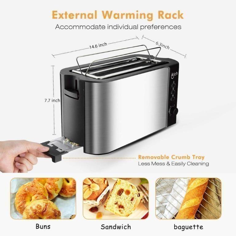 IKICH Toaster 4 Slice, Toaster 2 Long Slot Stainless Steel, Warming