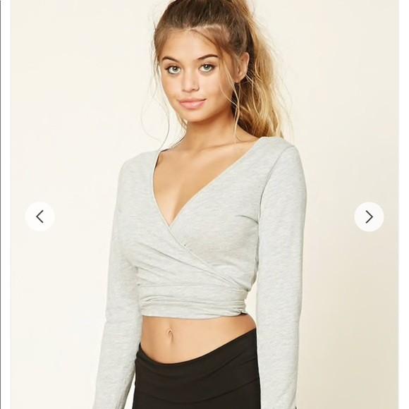 light grey long sleeve wrap around yoga crop top
