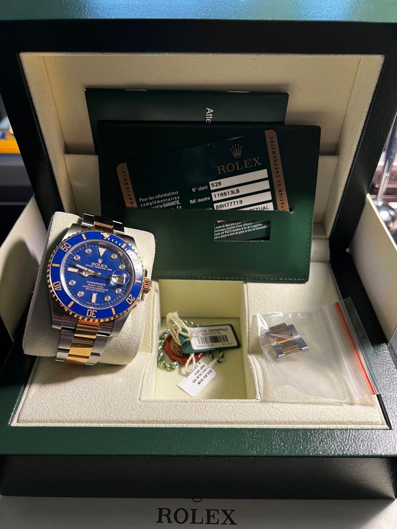Rolex Blue Submariner Two Tone Diamonds (Category: Luxury Watches) located in Pasig City. Submitted by mandatu (Listing ID 1160861736, Image 2). Description: Rolex Submariner Date Model Ref # 116613LB Yellow Gold / Steel 40mm Blue dial Rare factory set diamond dot markers Foreign AD .
