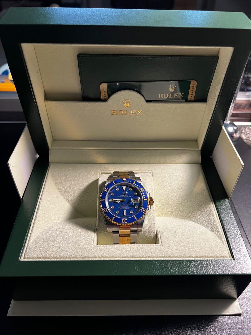 Rolex Blue Submariner Two Tone Diamonds (Category: Luxury Watches) located in Pasig City. Submitted by mandatu (Listing ID 1160861736, Image 1). Description: Rolex Submariner Date Model Ref # 116613LB Yellow Gold / Steel 40mm Blue dial Rare factory set diamond dot markers Foreign AD .