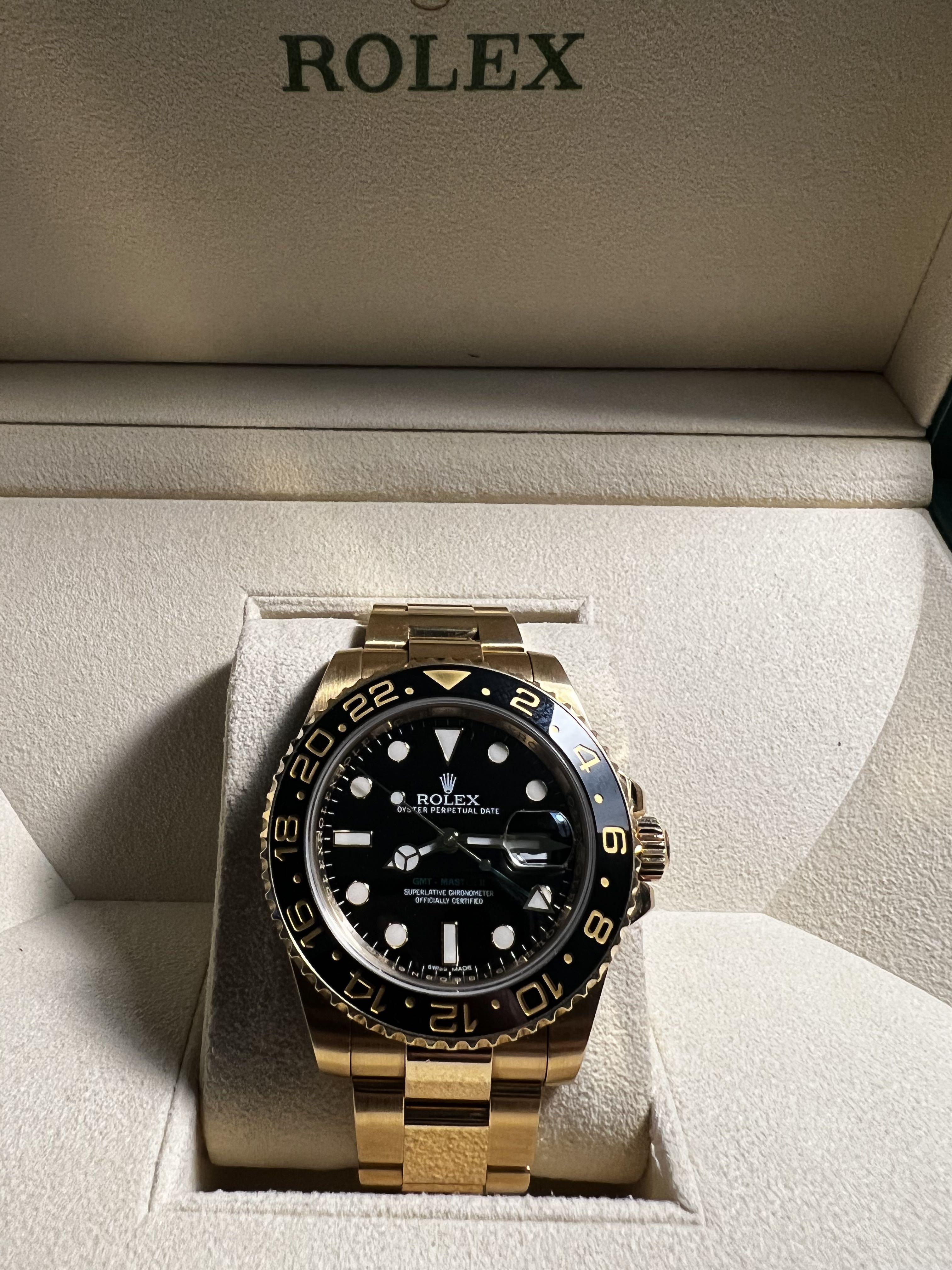 Rolex GMT Master II Gold (Category: Luxury Watches) located in Pasig City. Submitted by mandatu (Listing ID 1160859923, Image 3). Description: Rolex GMT Master II Model 116718LN 40mm Automatic Chronometer Solid Yellow Gold Black dial Foreign AD Extra links Complete packaging Priced to sell .