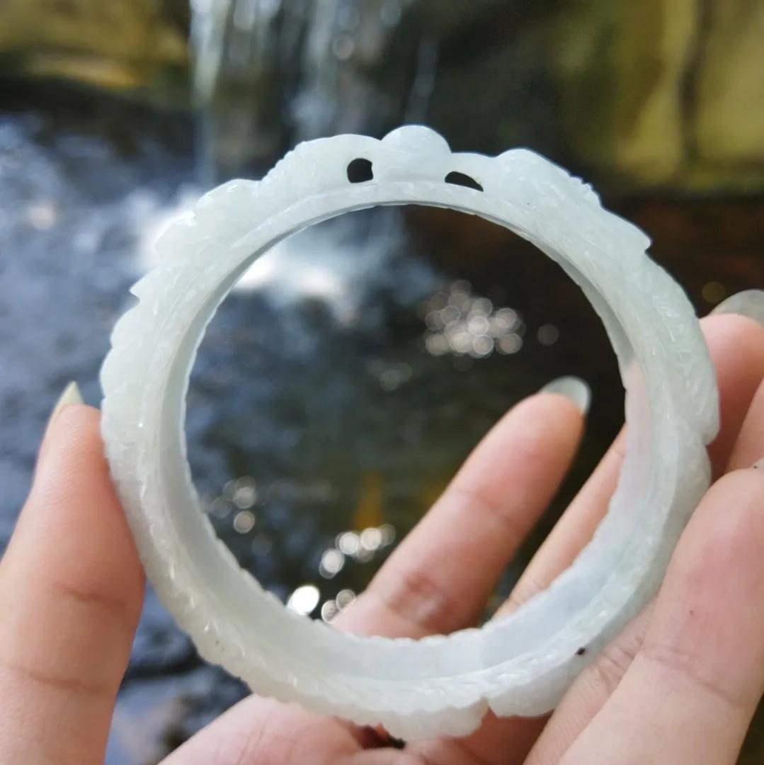 Type A pure white handcarved 3D Jadeite Jade phoenix and dragon unity bangle size 56 mm