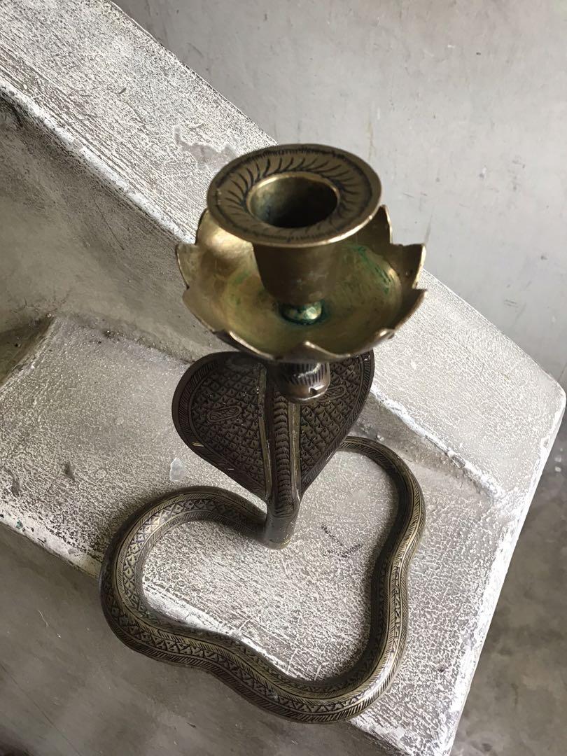 Pair of Vintage Etched Brass and Enamel Cobra Snake Candle Holders