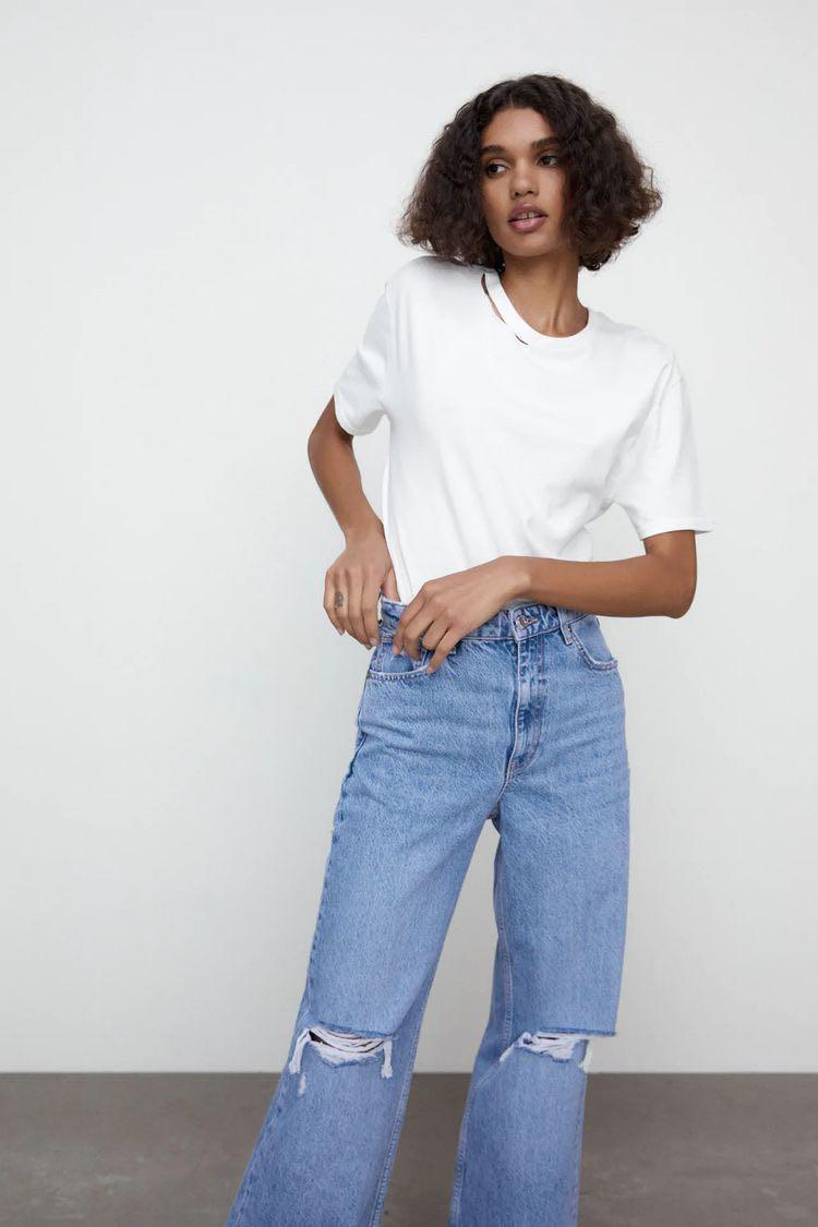 ZARA Wide-Leg Full Length Ripped Jeans 