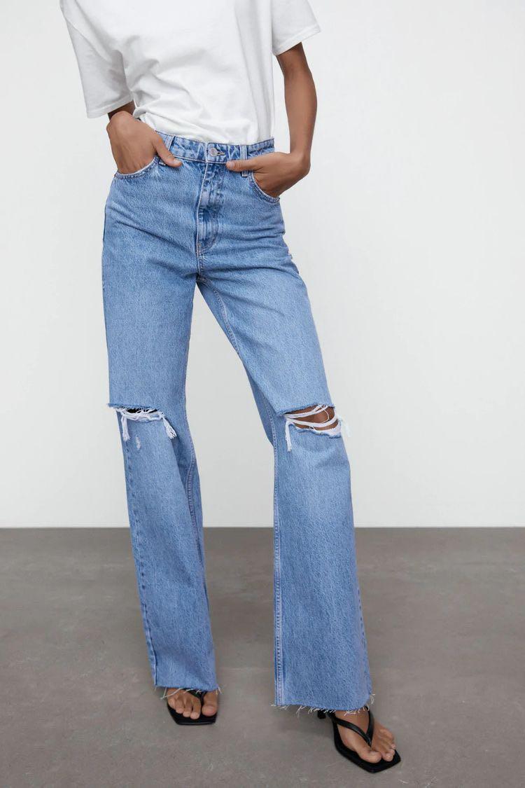 ZARA Wide-Leg Full Length Ripped Jeans 