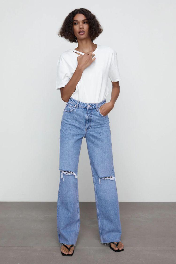 ZARA Wide-Leg Full Length Ripped Jeans 