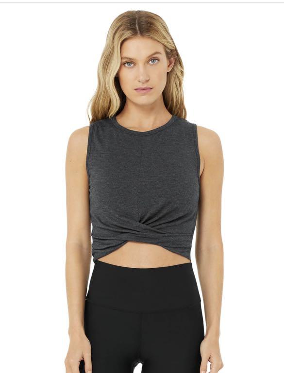 Alo cover tank - anthracite (Category: Sleeveless) located in Singapore. Submitted by jialin.ong (Listing ID 1161126777, Image 1). Description: BNWT Wear the Cover Tank here, there and everywhere. Fitted and flawless, the tank silhouette works for studio to street. A front wrap detail shows just enough skin, and a raw edge finish keeps things a little edgy. Draping jersey fabric is softer than soft..