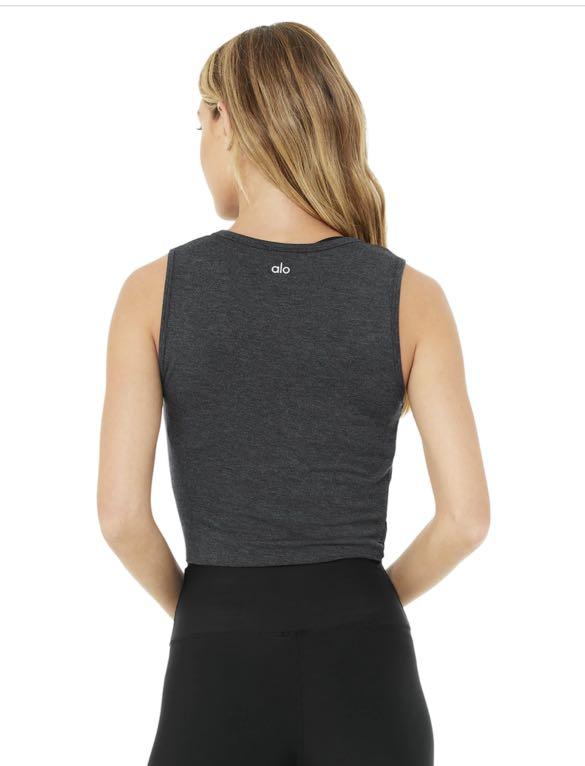 Alo cover tank - anthracite (Category: Sleeveless) located in Singapore. Submitted by jialin.ong (Listing ID 1161126777, Image 2). Description: BNWT Wear the Cover Tank here, there and everywhere. Fitted and flawless, the tank silhouette works for studio to street. A front wrap detail shows just enough skin, and a raw edge finish keeps things a little edgy. Draping jersey fabric is softer than soft..
