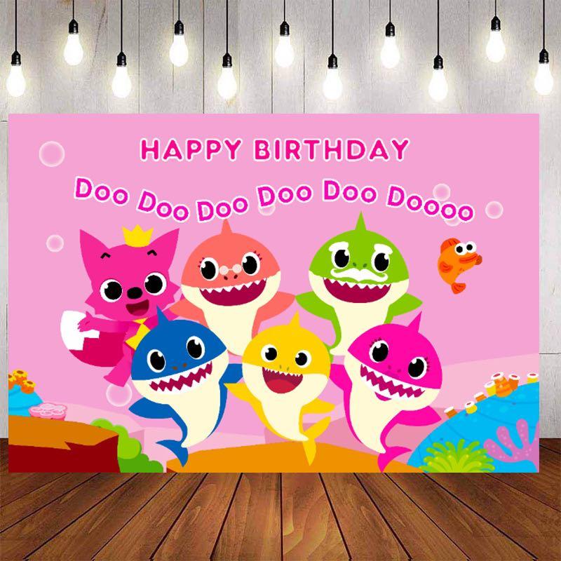 Baby Shark Pink Birthday Backdrop Cartoon Characters Pink Sea