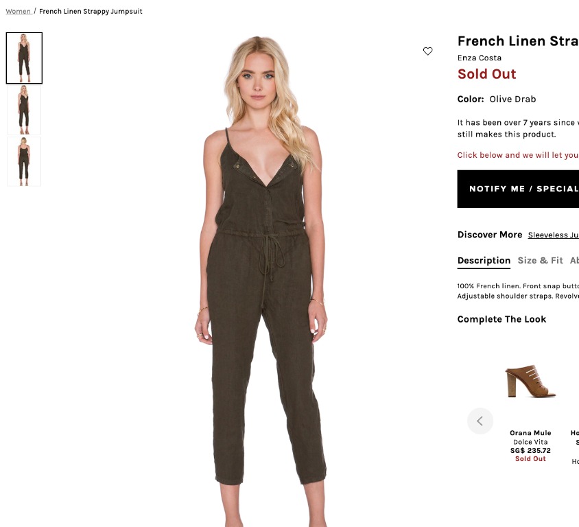 Enza Costa French Linen Strappy Olive Jumpsuit XS 0 Women s
