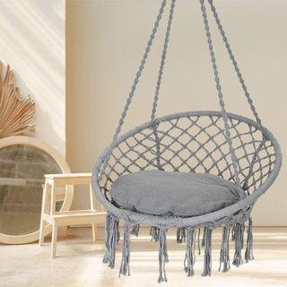 JHome Hammock Chair Hanging Macrame Swing with Cushion and Hardware Kits, Max 330 Lbs, Handmade Knitted Mesh Rope Swing Chair for Indoor, Outdoor, Bedroom, Patio, Yard, Deck, Garden, Gray