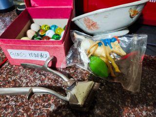 Lot of 4 Vintage Items ( 22 Large marbles, plastic horse rider, rooster bowl and barber shears) selling as a group all for $80