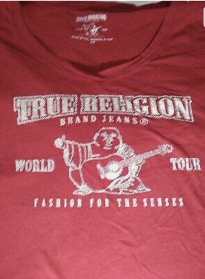 True religion maroon red white crystals blings tee tshirt casual chic smart logo red Buddha guitar v-neck TR classic signature (Category: Shirts) located in Singapore. Submitted by simplicity50 (Listing ID 1161200424, Image 2). Description: Like new great condition .