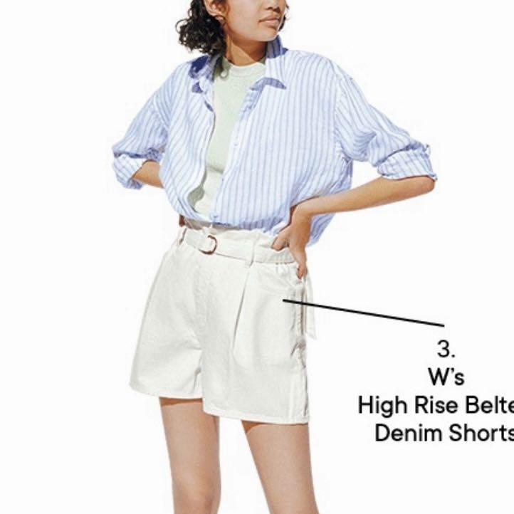 Uniqlo Off white pleated picnic High rise belted denim shorts High