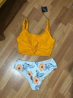 Zaful Yellow Orange High Waist Floral Two Piece Bikini