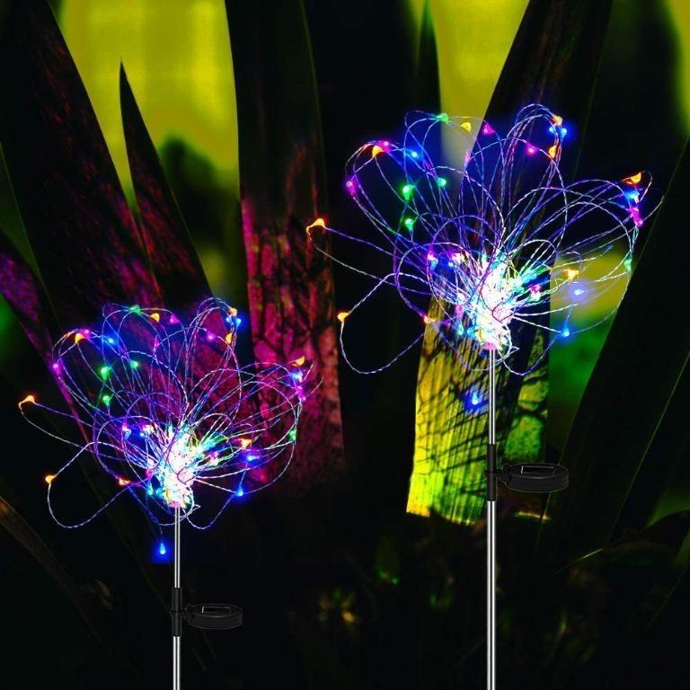 Lawn and Christmas 2-Pack Anordsem Solar Garden Lights Outdoor Patio DIY Dimmable Multi-Color Tree Shape Lights for Yard LED Firework Decor Lights with Auto ON-Off 