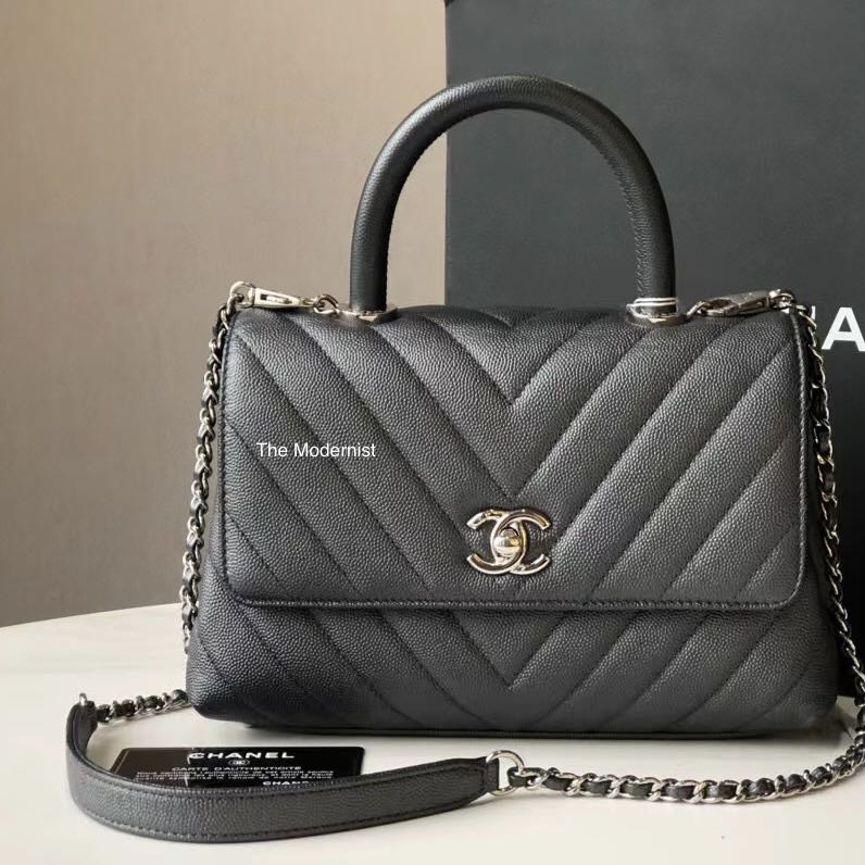 Authentic Chanel Chevron Dark Grey Caviar Leather Small Coco Handle Silver  Hardware, Luxury, Bags & Wallets on Carousell