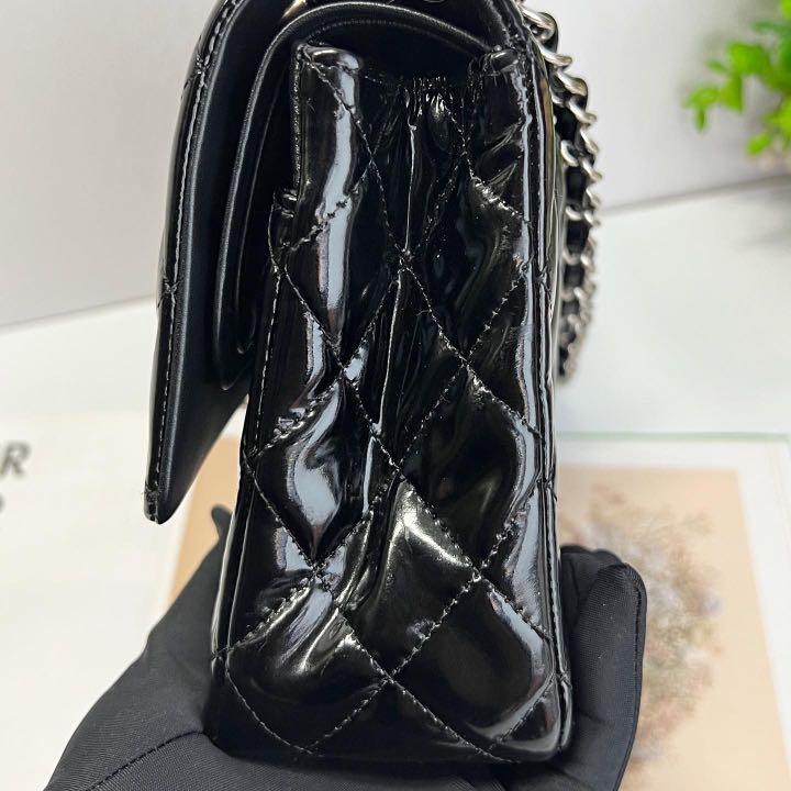 C.h.a.n.e.l Classic Black Patent Leather Medium Double Flap Bag SHW,  Luxury, Bags & Wallets on Carousell