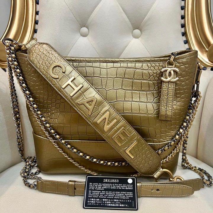 Chanel Metallic Gold Crocodile Embossed Medium Gabrielle Hobo Aged