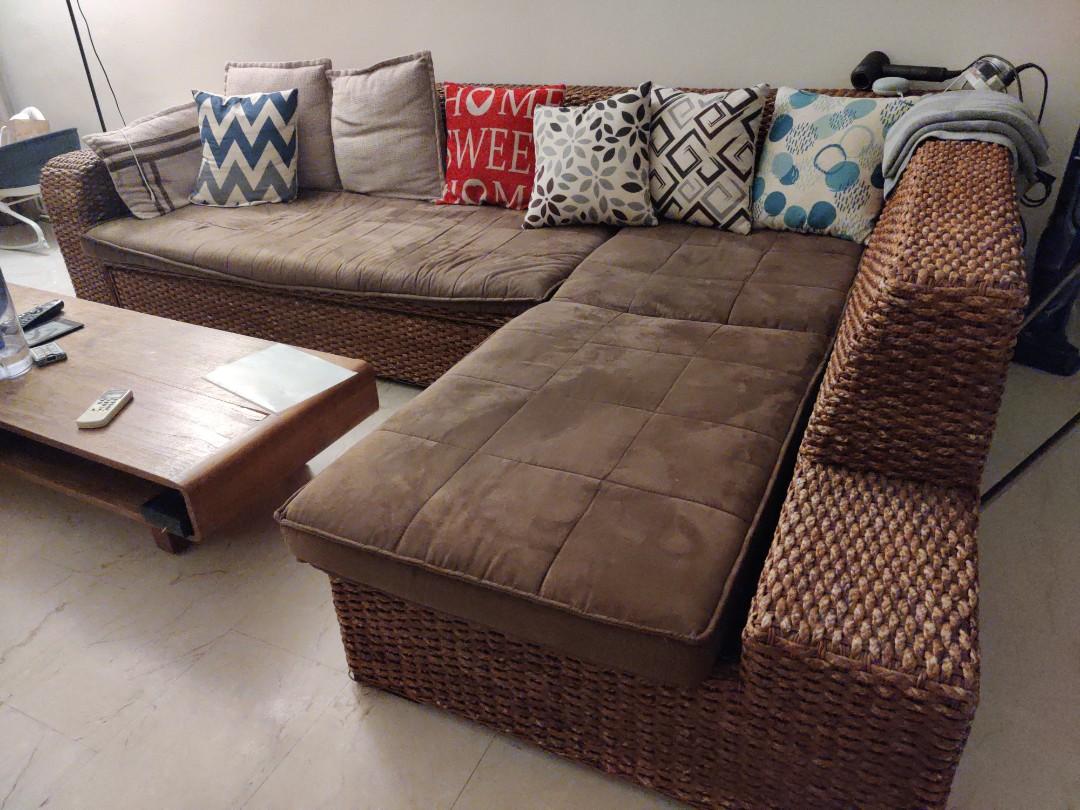 Large rattan L shape sofa couch, Furniture & Home Living, Furniture